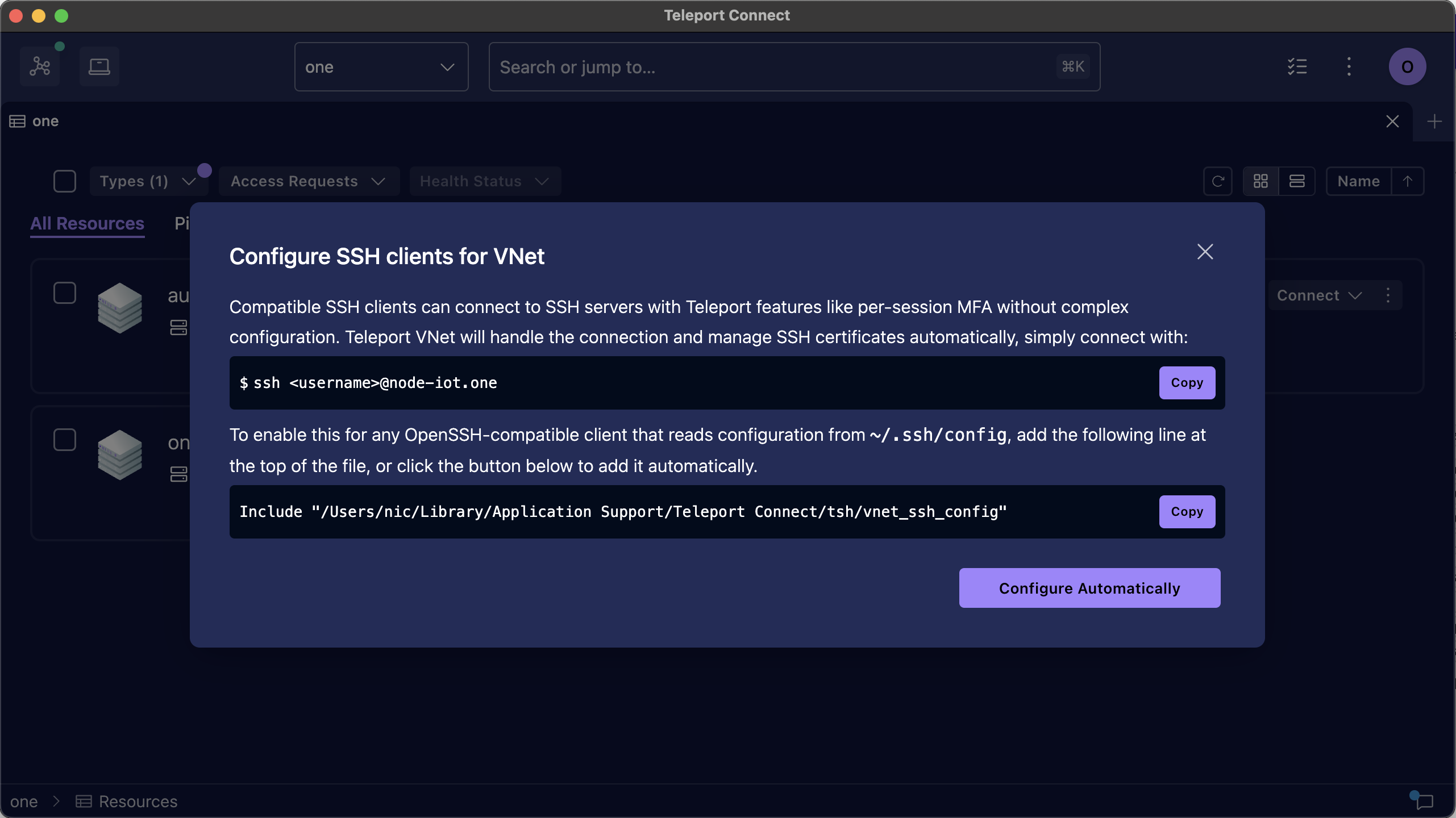 SSH client configuration modal in Teleport Connect